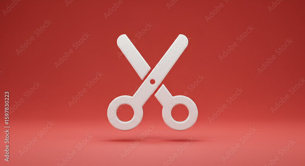 Fototapete white scissors icon on a red background, a minimalist and modern design with 3d rendering