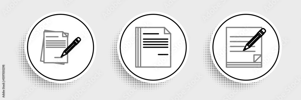 Poster set line blank notebook and pencil with eraser, and file document icon. vector