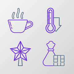 Set line Gift box and bag, Christmas star, Meteorology thermometer measuring and Coffee cup icon. Vector