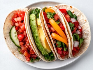 Fresh and Colorful Tacos with Vegetables and Toppings on Plate