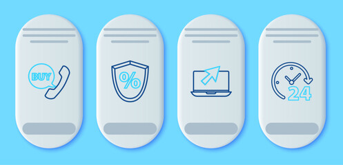 Set line Loan percent, Laptop and cursor, Phone speech bubble with Buy and Clock 24 hours icon. Vector