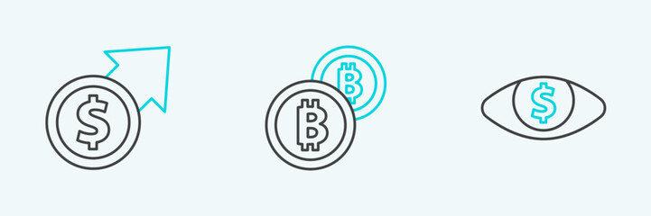 Set line Eye with dollar, Financial growth and coin and Cryptocurrency Bitcoin icon. Vector