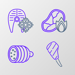 Set line Rib eye steak, Salami sausage, Grilled meat and fire flame and Fresh frozen fish icon. Vector