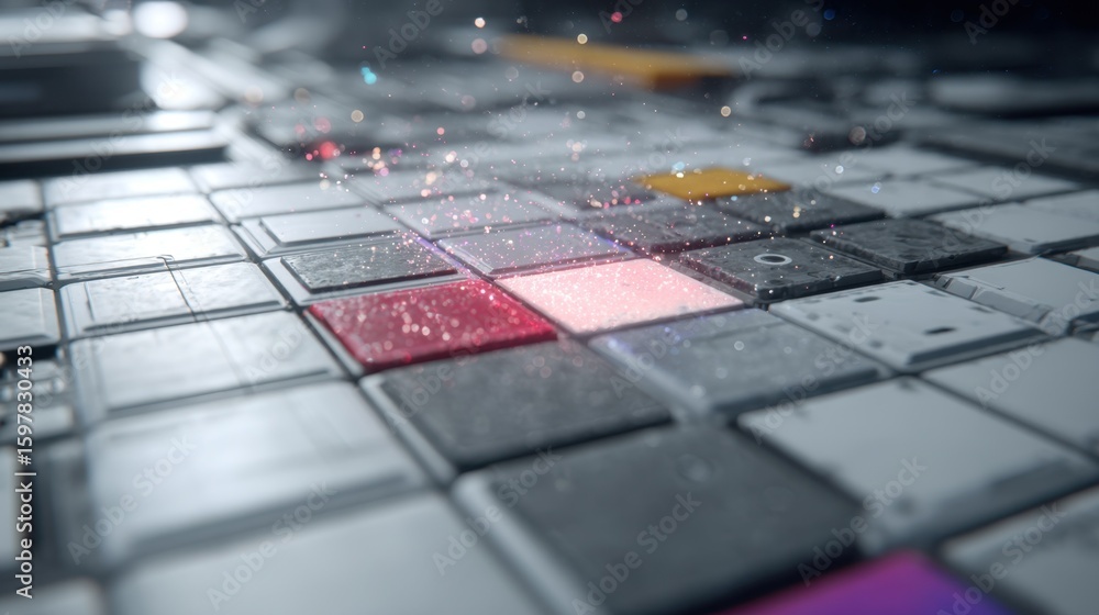 Poster color changing architectural tiles dynamically shifting from neutral gray to vibrant hues, represent