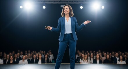 Confident Woman Presenting on Stage with Audience and Bright Spotlights