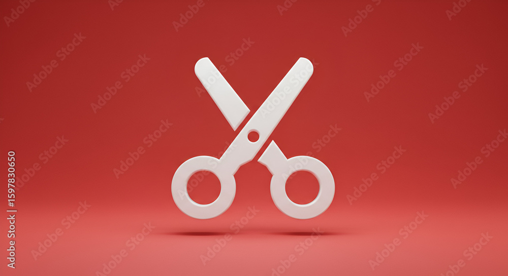 Poster white scissors icon on red background, minimalist design with depth effect