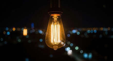 Vintage lightbulb glowing at night with bokeh