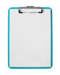 Mockup of blue clipboard with blank paper isolated transparent PNG, white empty paper - isolated graphic object