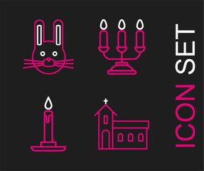 Set line Church building, Burning candle candlestick, Candelabrum with candlesticks and Easter rabbit icon. Vector