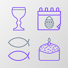 Set line Easter cake and candle, Christian fish, Calendar with egg and Wine glass icon. Vector