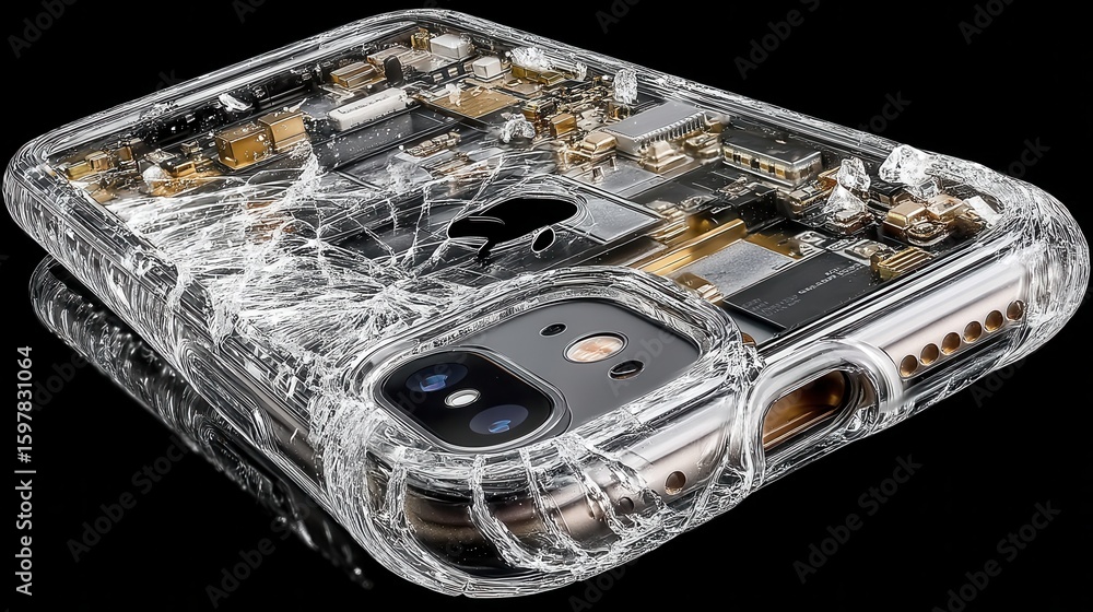 Poster transparent smartphone case displaying inner components with cracked design