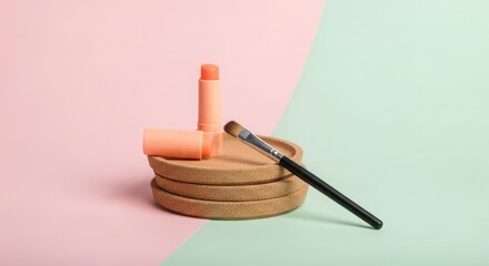 Lip balm and makeup brush on a cork base