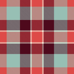 Vibrant coral, maroon, and teal plaid pattern.  Perfect for textile design, fashion, or website backgrounds.  This seamless texture offers a modern yet classic feel, evoking warmth and style.