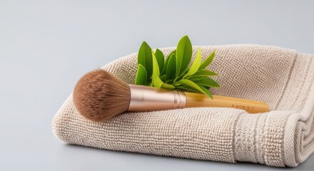 A makeup brush rests on a soft towel with a plant