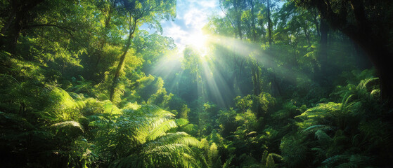 Obraz premium Sun rays breaking through the dense greenery of a tropical forest. Nature, ecology, traveling.