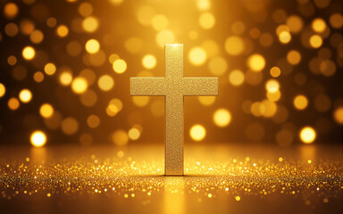 Golden Christian Cross with Sparkling Bokeh Background