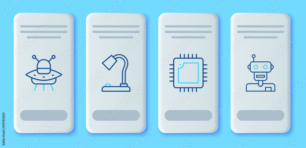 Poster set line table lamp, processor with cpu, ufo flying spaceship and robot icon. vector