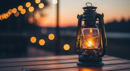 Old lantern glowing at dusk with bokeh lights