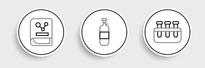 Set line Test tube and flask, Chemistry book and Propane gas tank icon. Vector