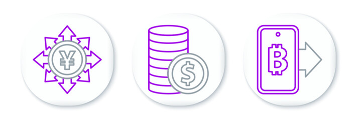 Set line Mining bitcoin from mobile, Coin money with Yen and dollar icon. Vector