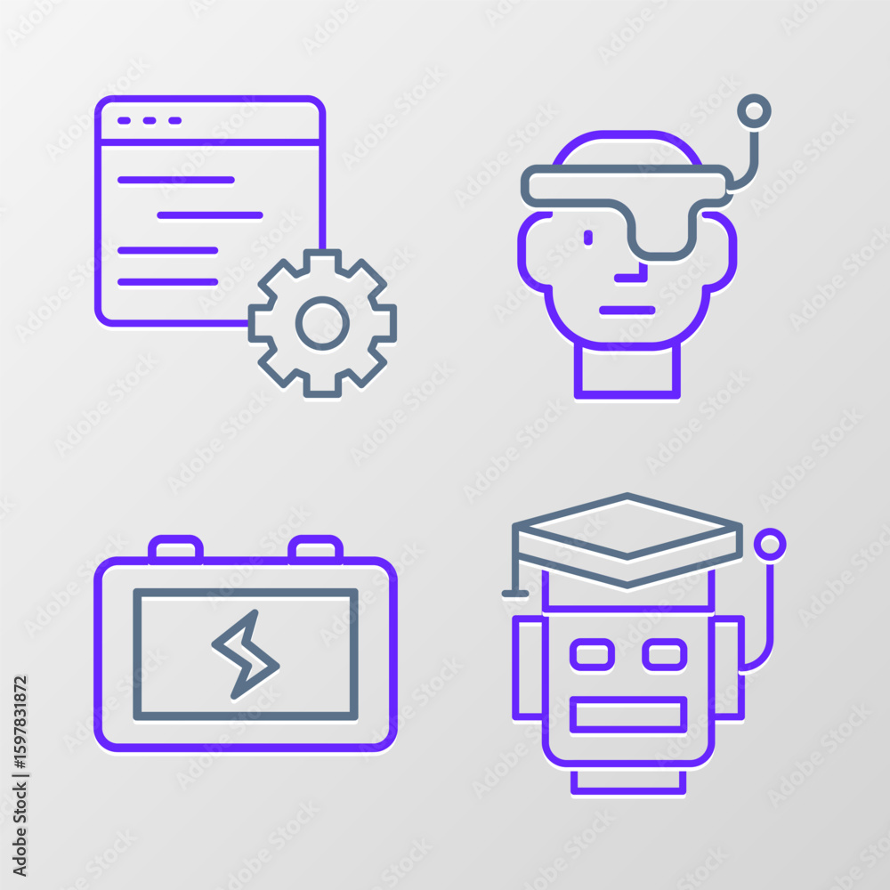 Poster set line robot, battery, smart glasses and computer api interface icon. vector