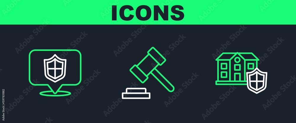 Poster set line house with shield, location and judge gavel icon. vector