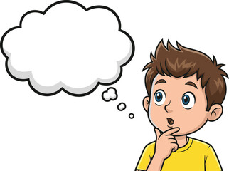 Obraz premium Cartoon boy thinking, hand on chin, brainstorming ideas, empty speech bubble, vector character, isolated, CAD style, educational concept