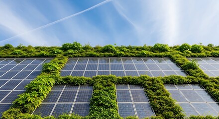Green roof with solar panels, sustainable energy, eco-friendly building design.