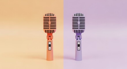 Two vintage microphones in pink and purple