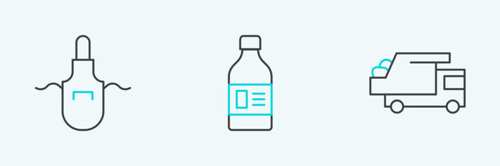 Set line Garbage truck, Kitchen apron and Bottle for cleaning agent icon. Vector