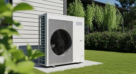 Outdoor unit of a modern heat pump system installed on a paved base next to a residential house, surrounded by green grass and lush foliage.
