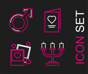 Set line Candlestick, Two blanks photo frames hearts, Valentines day party flyer with and Male gender symbol icon. Vector