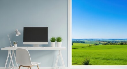 Modern desk with computer overlooking a green field