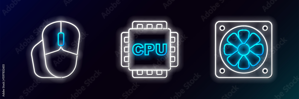 Poster Set line Computer cooler, mouse and Processor with CPU icon. Glowing neon. Vector