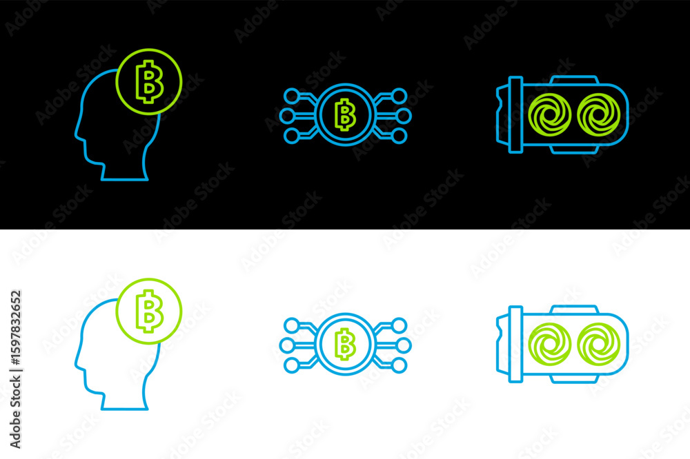 Poster set line mining farm, bitcoin think and cryptocurrency bitcoin circle with microchip circuit icon. v