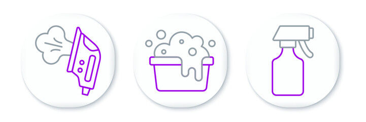Set line Water spray bottle, Electric iron and Basin with soap suds icon. Vector