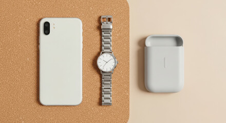 A white smartphone, watch, and earbud case