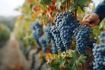 A hand tending to ripe black grapes in a sunlit vineyard, symbolizing the autumn harvest, winemaking, and agricultural abundance.