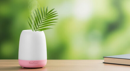 Aromatherapy diffuser emitting mist with a leaf