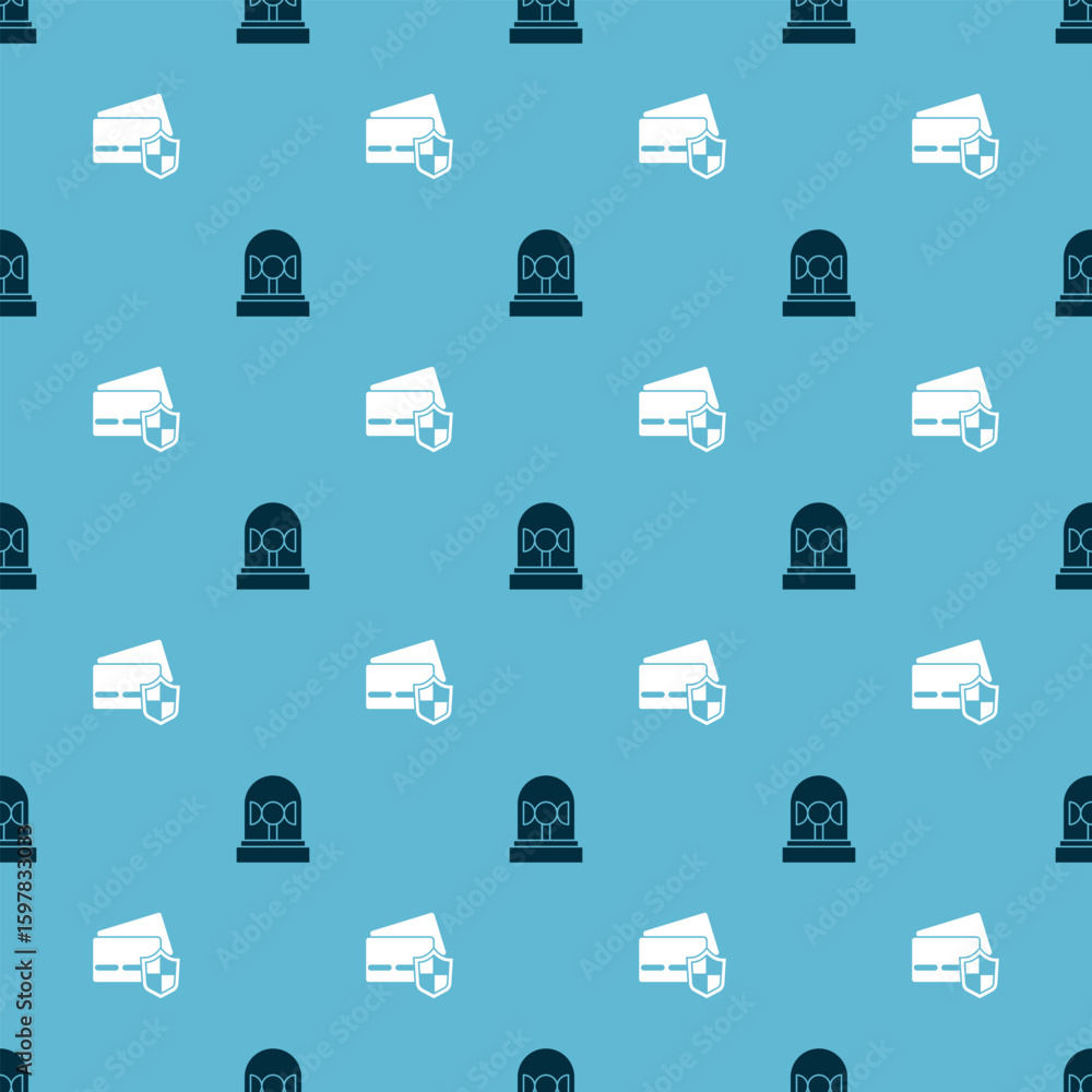 Aufkleber set flasher siren and credit card with shield on seamless pattern. vector