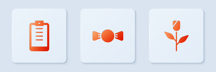 Set Bow tie, Clipboard with checklist and Flower rose. White square button. Vector