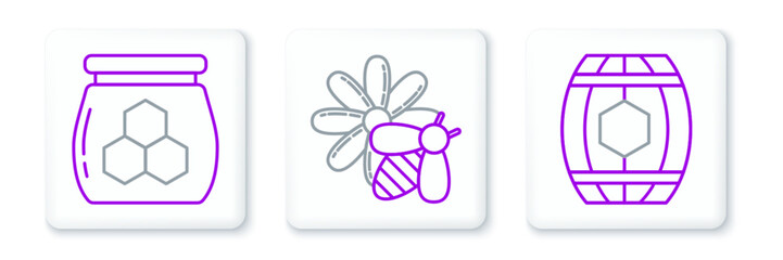 Set line Wooden barrel with honey, Jar of and Bee and flower icon. Vector