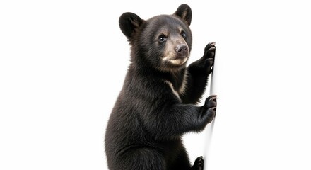 Curious Black Bear Cub Climbing on White Background, Studio Shot