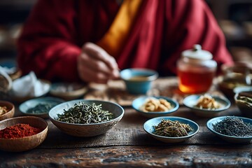 Fototapeta premium A monk preparing herbal tea with various ingredients, symbolizing mindfulness, ancient traditions, holistic healing, and natural wellness.