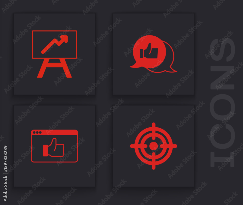 Poster set target, board with graph chart, customer product rating and icon. vector