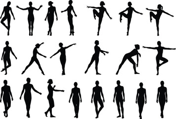 Female dancer silhouette set showing various poses, contemporary dance moves, ballet and expressive movement vector collection for artistic designs