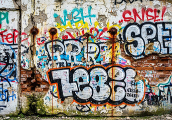 Fototapeta premium Abstract urban background with vibrant graffiti covering a decaying, weathered brick wall, featuring peeling paint and grunge textures.