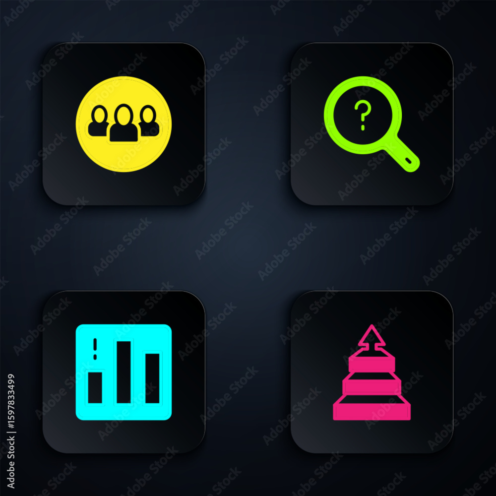 Poster set pyramid chart infographics, project team base, pie and unknown search. black square button. vect
