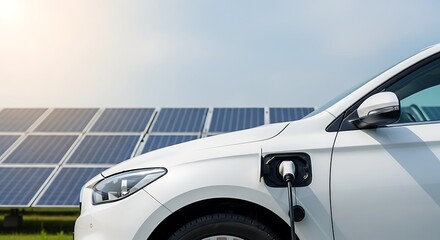A white electric car is plugged in and charging, with a field of solar panels generating clean energy in the background.