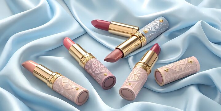  Scattered lipstick tubes in pastel tones with gold accents—open and closed—featuring soft-colored lipstick tips like nude, rose, mauve, coral, and berry, displayed on a baby blue satin cloth, dreamy.